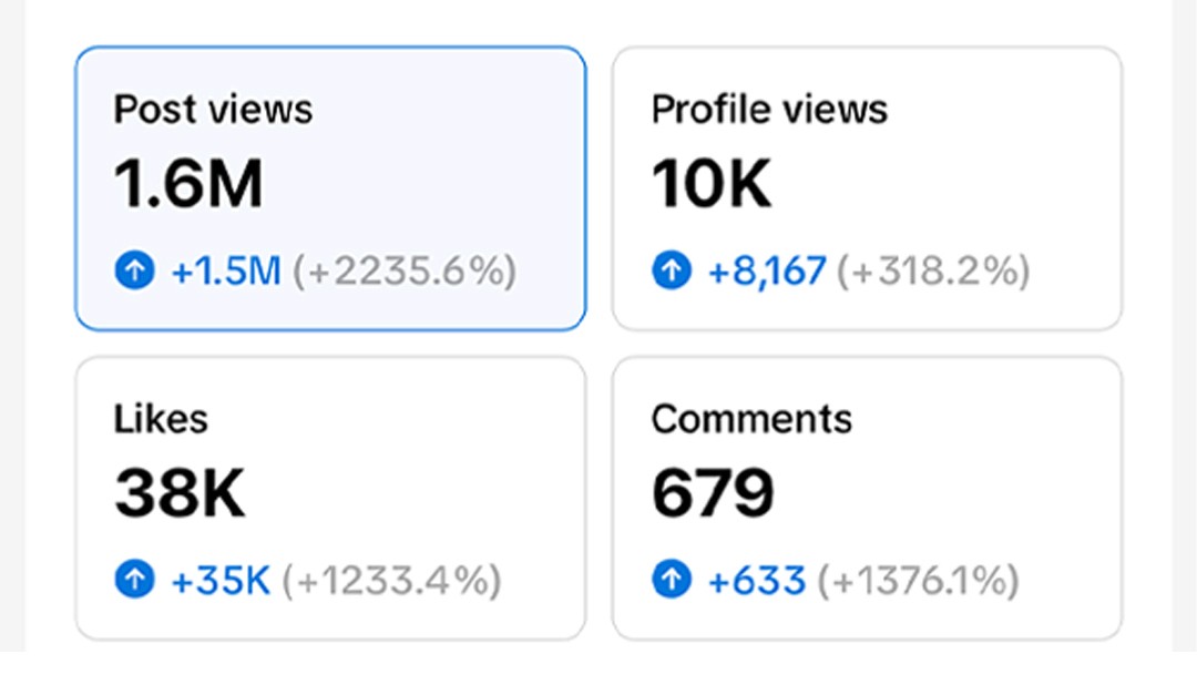 Key metrics: 1.6M post views, 38K likes, 10K profile views